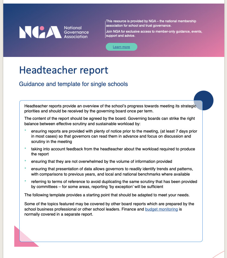 Headteacher board report template preview