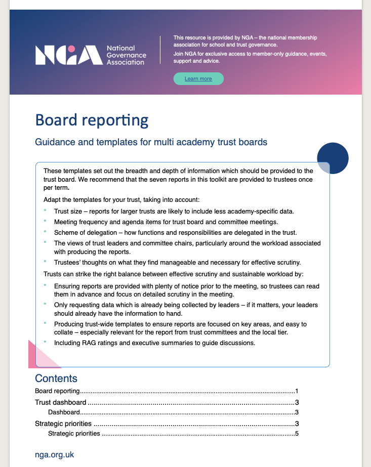 Multi academey trusts board report template preview